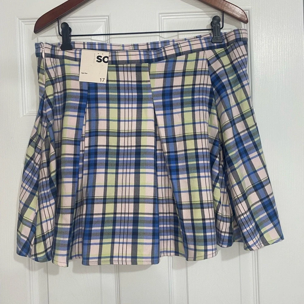 NWT SO Juniors High Rise Pleated Mini Skirt Navy Pink Plaid Pastel Sz 17 Preppy